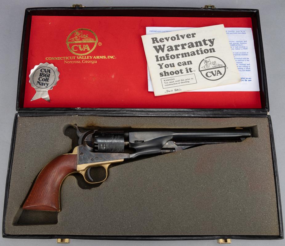 Boxed Replica by Connecticut Valley Arms, 1861 Colt: Boxed Replica by Connecticut Valley Arms, 1861 Colt Navy Revolver (Black Powder), .36 caliber, SN 75532, blue finish with case hardened frame, 7" barrel, brass back strap and trigger guard. Made in It