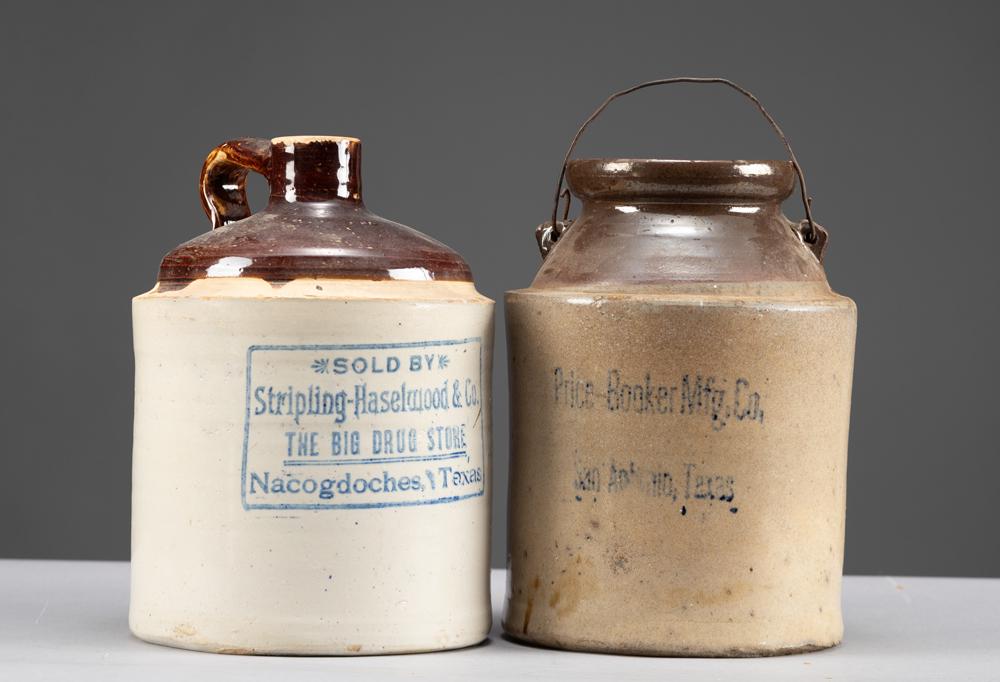 Two Crock Advertising Items. (1) The Pail with lid is: Two Crock Advertising Items. (1) The Pail with lid is marked "Price-Booker Mfg., Co.", 10" T x 7" diameter, shows use nicks at rim. (2) Jug is marked "Sold By Stripling-Haselwood & Co. The Big Drug St