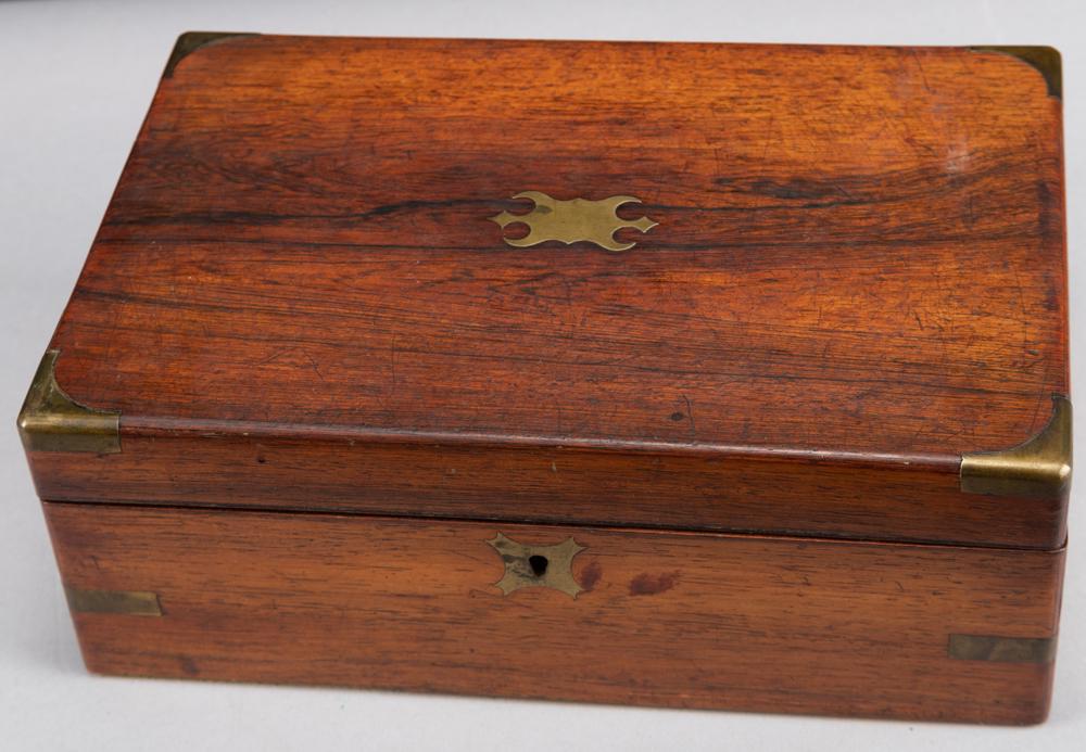 Early Victorian Rosewood / Mahogany Lap Desk, with: Early Victorian Rosewood / Mahogany Lap Desk, with divided interior, with stationery from previous owner Scott Poage, prominent Waco attorney. KING COLLECTION