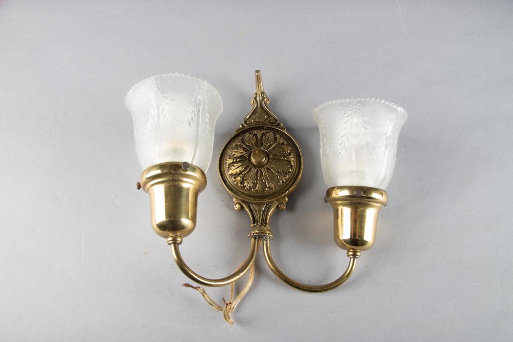 Brass double Wall Sconce, with pressed glass shades.: Brass double Wall Sconce, with pressed glass shades.