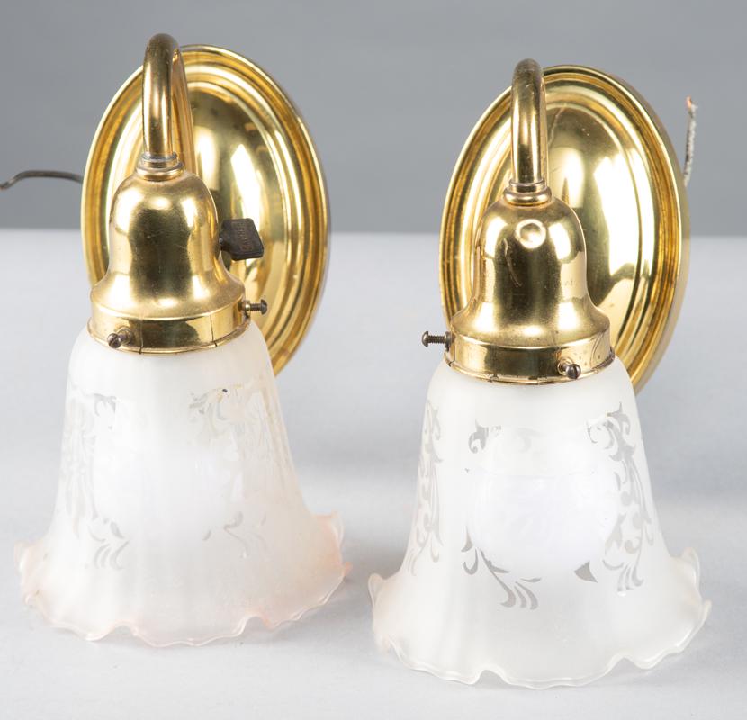Pair of brass Wall Sconces with etched shades, circa: Pair of brass Wall Sconces with etched shades, circa 1920s-30s. WILL BE SOLD AS ONE .