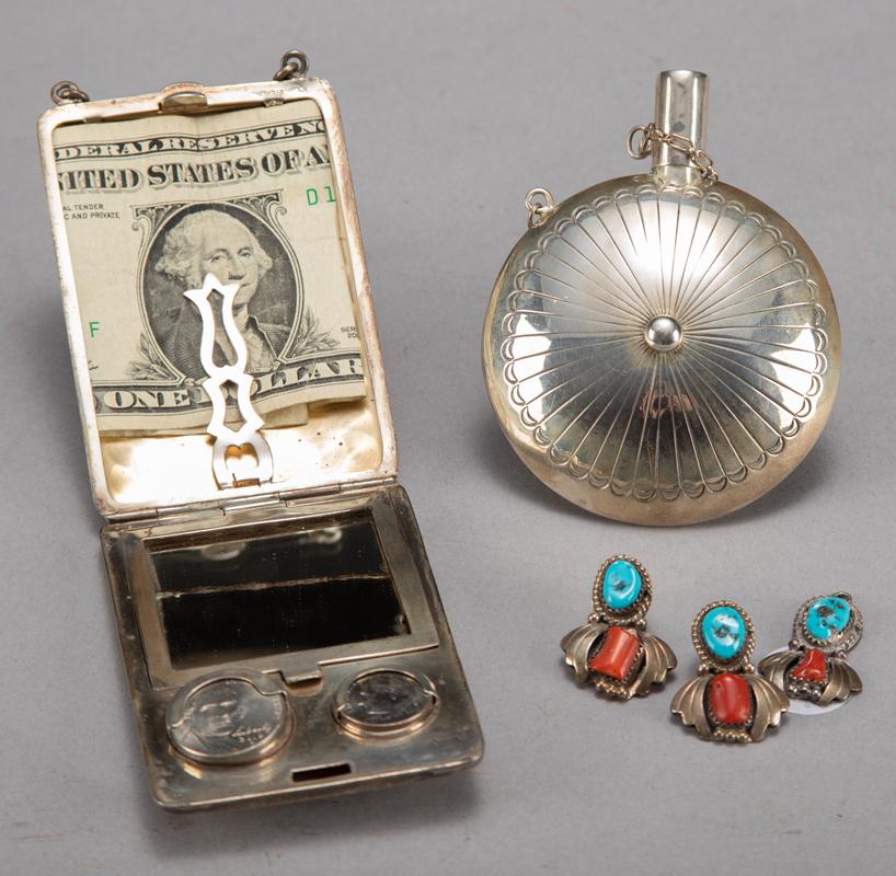 This consists of three items, to include: (1) A: This consists of three items, to include: (1) A sterling Navajo Flask, 2 3/4" diameter, with attached lid. (2) A ladies silver Coin Purse with engraved front, with mirror and change ss, change is incl