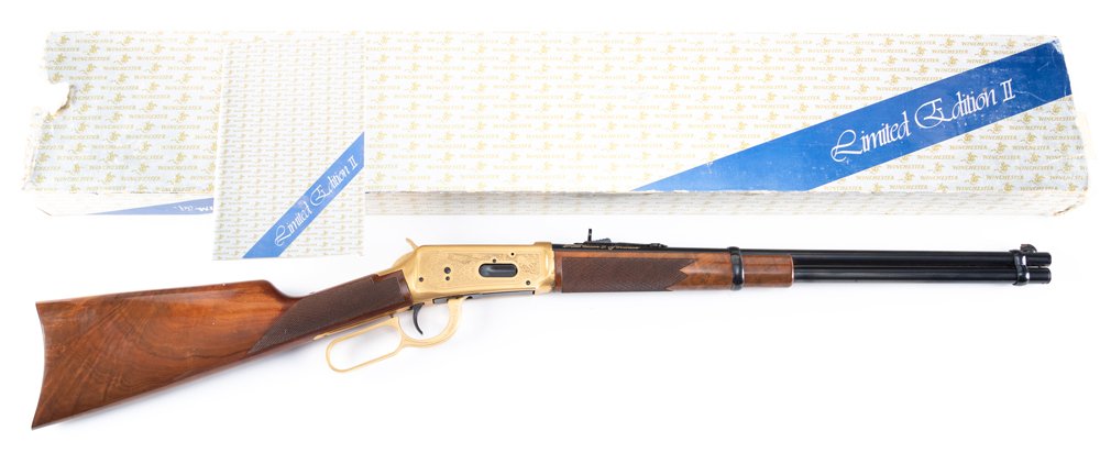Limited No. 2 Edition Winchester, Model 94, lever: Limited No. 2 Edition Winchester, Model 94, lever action Carbine, .30/30 caliber, SN 78L578, 20" round barrel, engraved gold plated lever and receiver, shows some flaking & rusting in finish where the