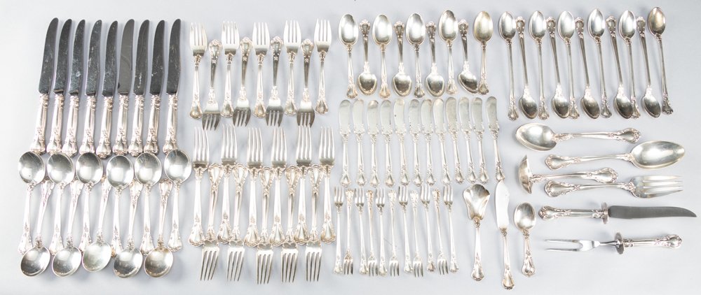 Gorham Sterling Flatware in Chantilly Pattern, circa: Gorham Sterling Flatware in Chantilly Pattern, circa 1950s (91 pieces). Pieces to include: 9 Serving Pieces; 11 Dinner Forks; 9 Salad Forks; 11 Cocktail Forks; 11 Soup Spoons; 9 Tea Spoons; 11 Iced Te