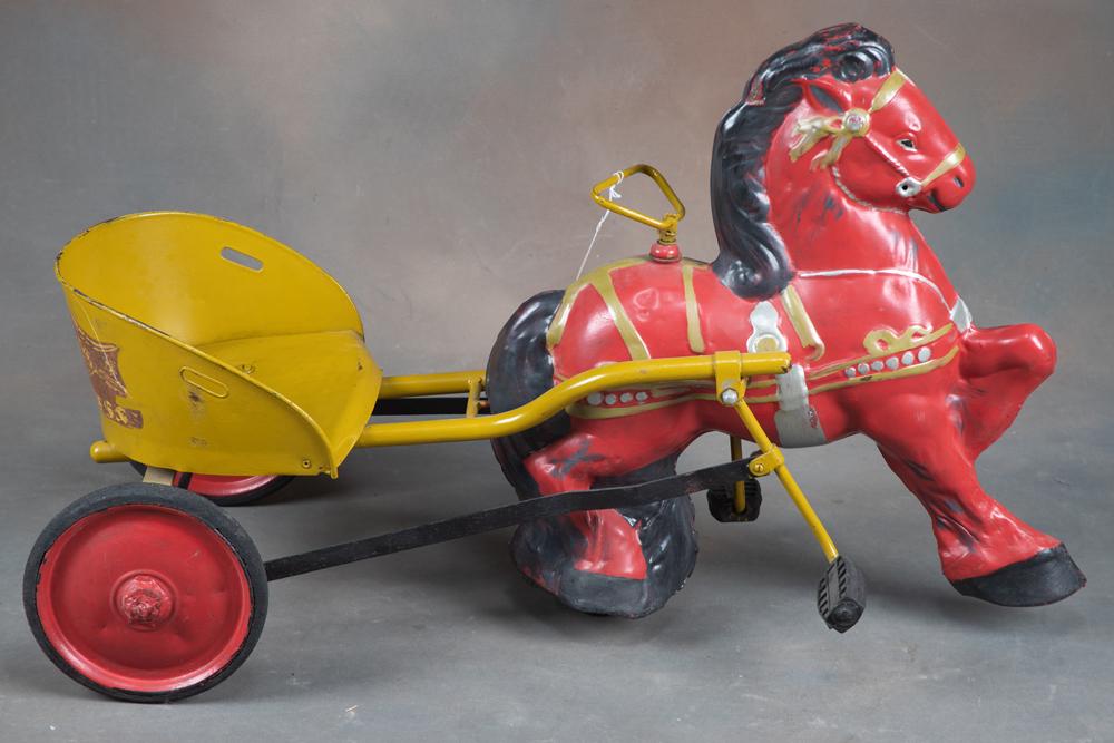 Vintage horse drawn Pedal Cart with steering handle,: Vintage horse drawn Pedal Cart with steering handle, possibly old repaint, 34" long x 27" tall to top of horse head, in working condition. Very unique and early. CROWDER ESTATE.