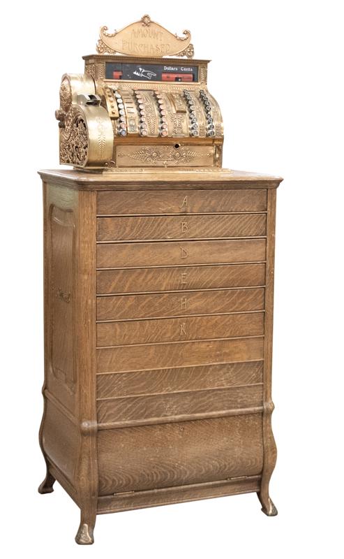 Large floor model, country store brass National Cash: Large floor model, country store brass National Cash Register, with quarter sawn oak drawered cabinet, cabinet is in very good condition. Cash Register has brass "Amount of Purchase" marquee. NOTE: Wi