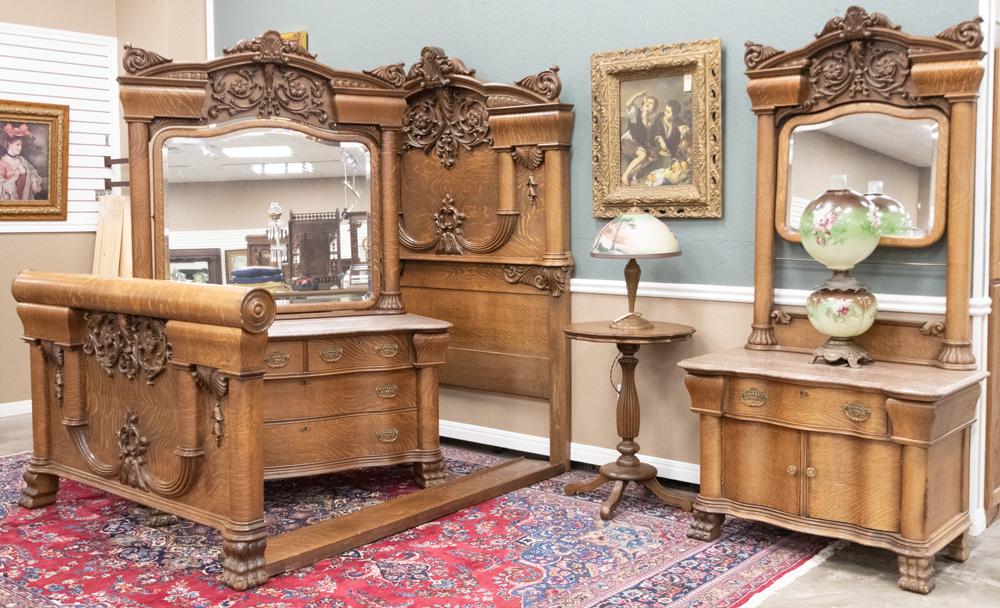 ATTENTION COLLECTORS OF KARGES FURNITURE: A: ATTENTION COLLECTORS OF KARGES FURNITURE: A magnificent, highly carved quarter sawn oak Karges, three piece Bedroom Set consisting of a magnificent high back oak Bed with matching carved claw foot, fo