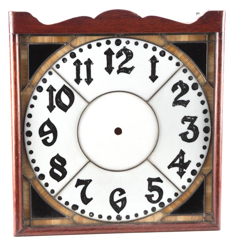Vintage Wall Clock Case (case only), with stained and: Vintage Wall Clock Case (case only), with stained and leaded glass front, etching on dial "O.B. McClintock Co., Minneapolis, Minn.", 29 3/4" tall x 27 1/2" wide x 8 1/4" deep, complete with wooden bac
