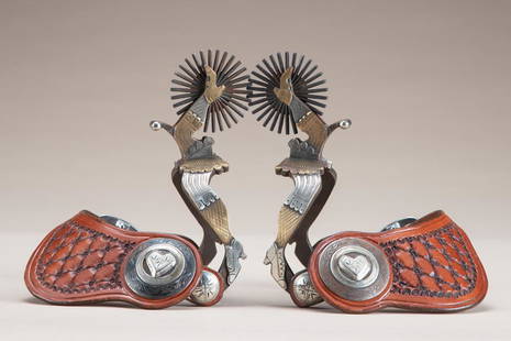 Fantastic pair of double mounted, double gal-leg Spurs: Fantastic pair of double mounted, double gal-leg Spurs by noted West Bountiful, Utah Bit and Spur Makers Lytle & Mower. Fantastic hand engraved silver and brass overlay, 2 1/8" multi-point rowels and