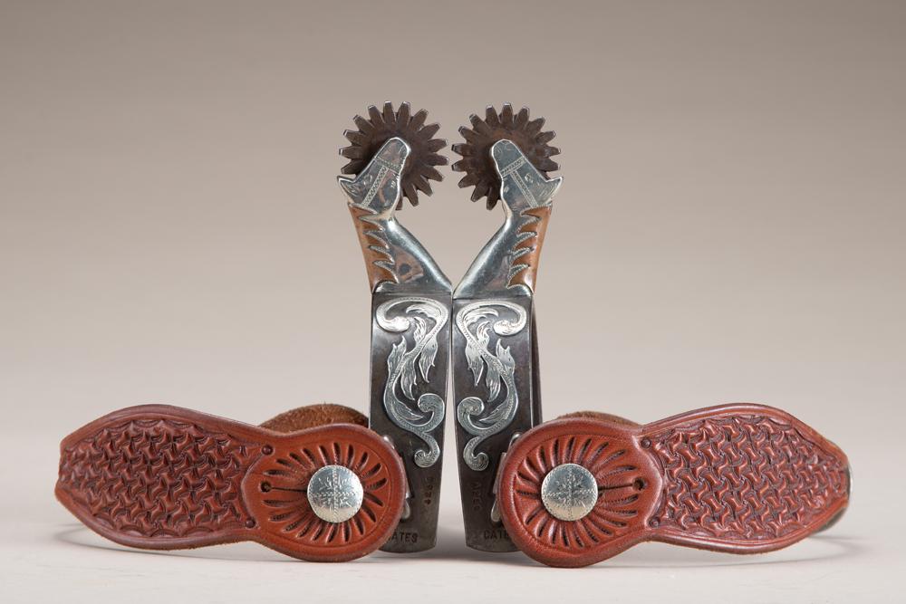 Extremely fine pair of double mounted, silver engraved: Extremely fine pair of double mounted, silver engraved overlay horse head Spurs by the late noted Texas Bit and Spur Maker Jerry Cates, #4250. Truly one of the finest horse head Spurs to surface in ye