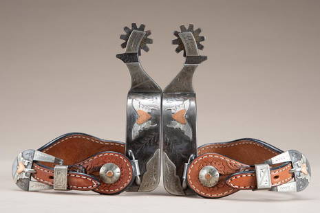 Unique pair of double mounted Spurs by noted Bit and: Unique pair of double mounted Spurs by noted Bit and Spur Maker Pat Ray Castleberry, marked "PRC". Hand engraved silver overlay butterfly and engraved silver chevron on opposite heel bands, etched