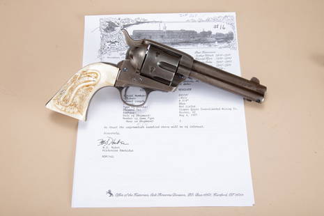 Historical Colt, SAA Revolver with Factory Letter that: Historical Colt, SAA Revolver with Factory Letter that states: SN 293787; Caliber- .45 COLT; Barrel Length-4 3/4"; Finish- Blue; Type of Stocks-Not Listed. Revolver has period raised carved snake &