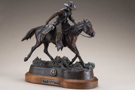 Awesome original Bronze Sculpture by Texas Artist Jack: Awesome original Bronze Sculpture by Texas Artist Jack Walker titled "Hard Trail to Follow", No. 16, dated 2008. Bronze measures 19" tall x 16" wide, on revolving wooden base. Depicts Texas Ranger on