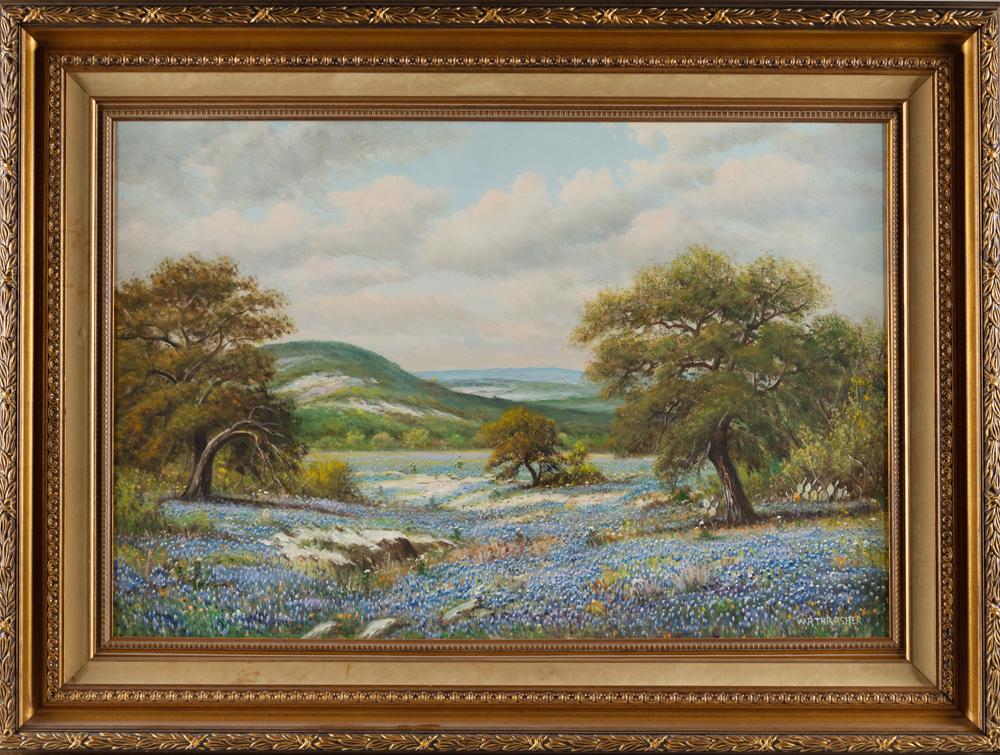Very desirable original Oil Painting by noted Texas: Very desirable original Oil Painting by noted Texas Artist, the late W.R. Thrasher, (1908-1997), scene of bluebonnets in the Texas Hill Country. Canvas measures 24" x 36" with gold shadow box frame me