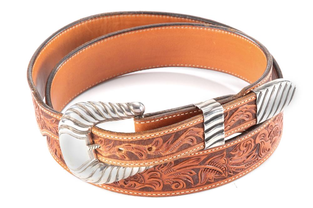 Vintage "Edward H. Bohlin / Sterling" marked Buckle Set: Vintage "Edward H. Bohlin / Sterling" marked Buckle Set and "Bohlin" tooled Belt, size 38.