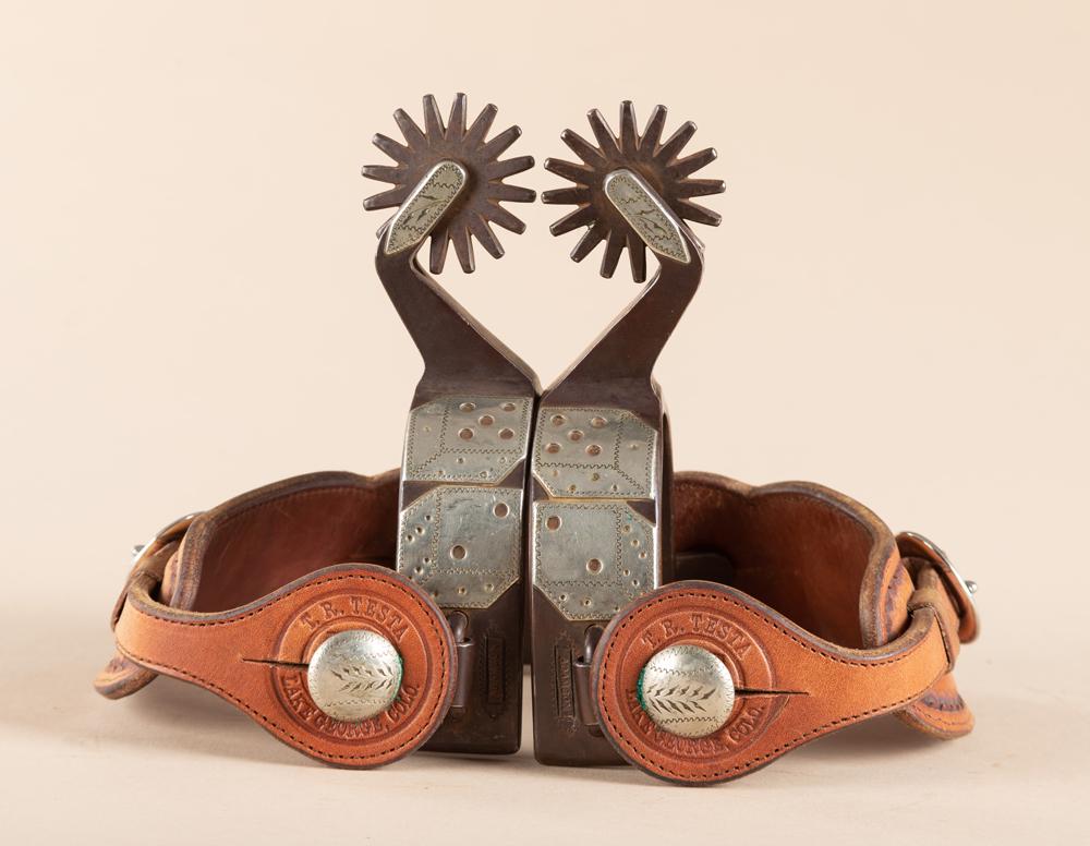 Pair of double mounted silver and copper engraved: Pair of double mounted silver and copper engraved overlay Spurs by noted Colorado Bit and Spur Maker Bill Adamson, with engraved silver dice on one side and engraved copper spread eagles on opposite h