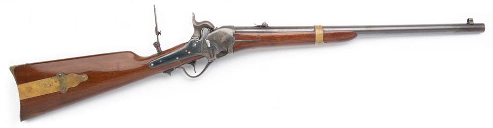 EXTRAORDINARILY RARE, Cased Sharps, Model 1851,: EXTRAORDINARILY RARE, Cased Sharps, Model 1851, Sporting Carbine, SN 1747. This is a presentation Sharps, Model 1851 Sporting Carbine, .44 caliber made without sling bar and has a 21 1/2" round barrel