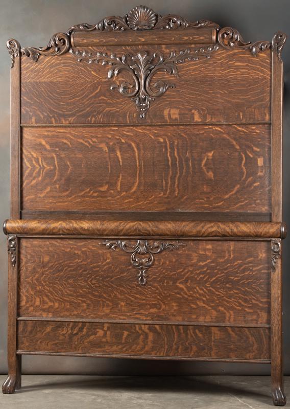 Fancy quarter sawn oak, high back Bed with carved head: Fancy quarter sawn oak, high back Bed with carved head board, log roll foot board with claw feet, circa 1900-1910, very nice original condition, uses standard full size bedding, measures 80" tall x 57