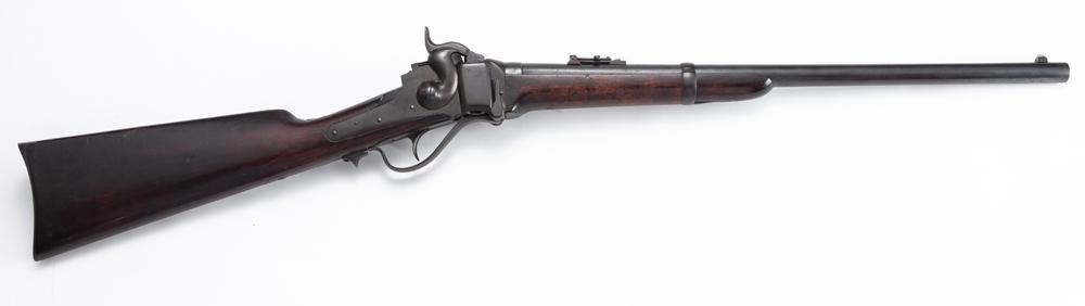 Nice condition antique Sharps Breech Loading Saddle: Nice condition antique Sharps Breech Loading Saddle Ring Carbine, .52 caliber, SN 37827, 22" round barrel, nice grey to brown aged patina with cartouche on left side of the stock. Stock and forearm in