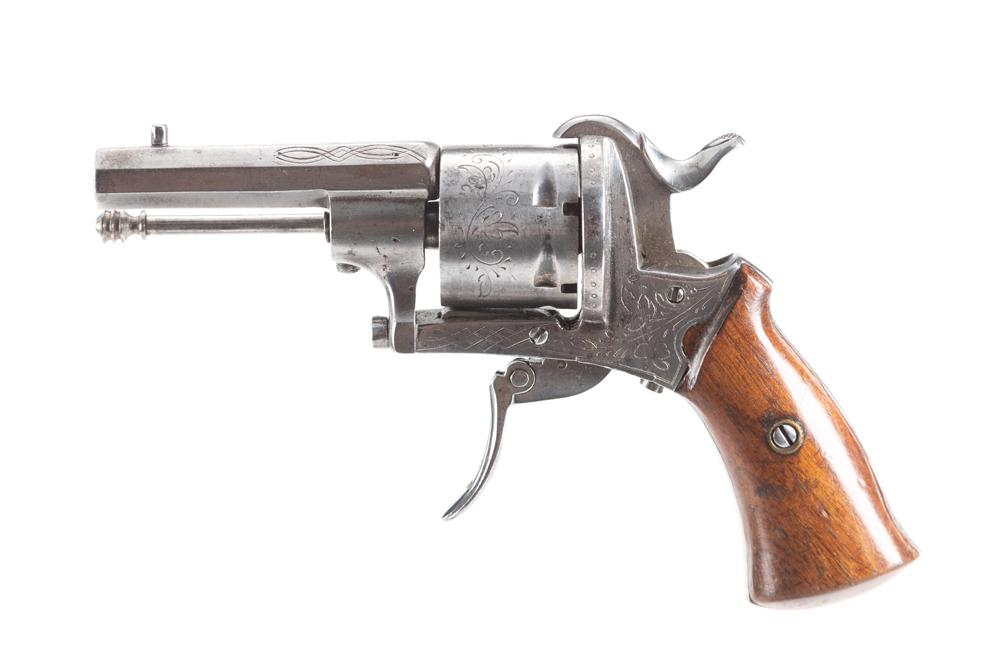 Antique Belgium Pinfire, six shot Revolver with fold: Antique Belgium Pinfire, six shot Revolver with fold away trigger, .30 caliber, SN NV, 2 1/4" octagon barrel, polished metal finish, two-piece wood grips.