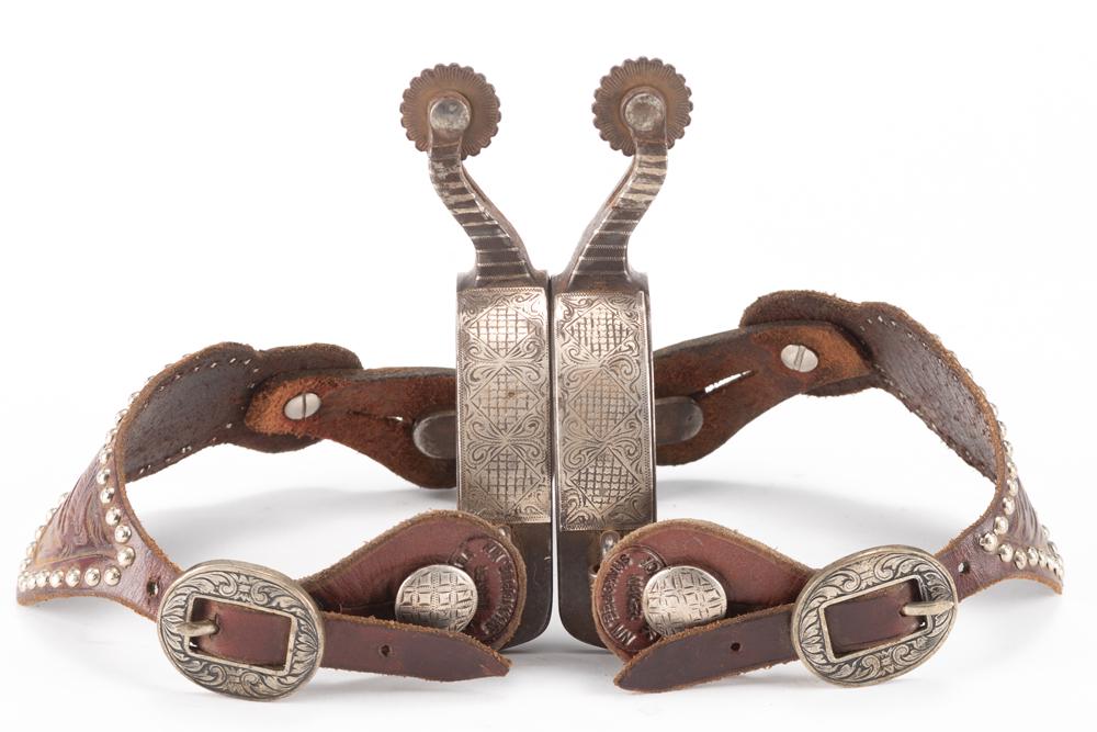 Pair of single mounted Spurs marked "Hayes", Gordon: Pair of single mounted Spurs marked "Hayes", Gordon Hayes, Santa Margarita, California Bit and Spur Maker, inside heel band, one side is hand engraved full mounted with swing buttons and half dollar c