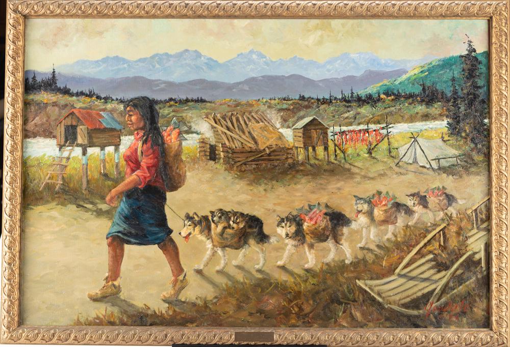 Oil on Canvas Painting titled "Native Alaskan at Fish: Oil on Canvas Painting titled "Native Alaskan at Fish Camp", by artist Harvey B. Goodale (American, 1900-1980), signed and dated lower right (1974). Painting measures 24" x 36" with frame measuring 26