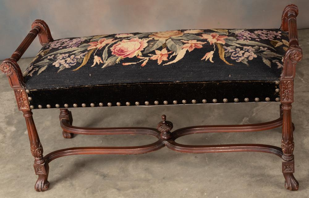Vintage carved mahogany Window Bench, with needlepoint: Vintage carved mahogany Window Bench, with needlepoint upholstered seat. Bench measures 43" long x 16" deep x 22 1/2" tall. Circa 1915-1920, in original finish and estate condition. HACKNEY ESTATE