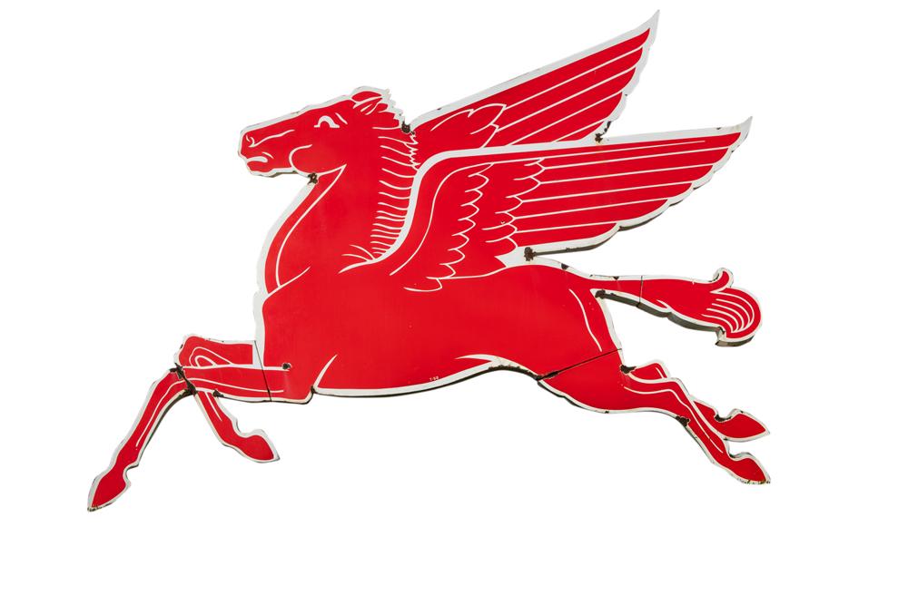 Vintage porcelain Pegasus Mobile Horse Sign, 8 ft. 4": Vintage porcelain Pegasus Mobile Horse Sign, 8 ft. 4" long x 70" tall x 3" thick with original hangers on back, in good condition with some porcelain chipping at joints. Sign is single side facing lef