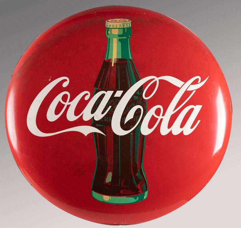 36" Coca Cola Sign, very good condition with some light: 36" Coca Cola Sign, very good condition with some light fading and a couple of paint flaking areas. Marked under the bottle "AM 104".
