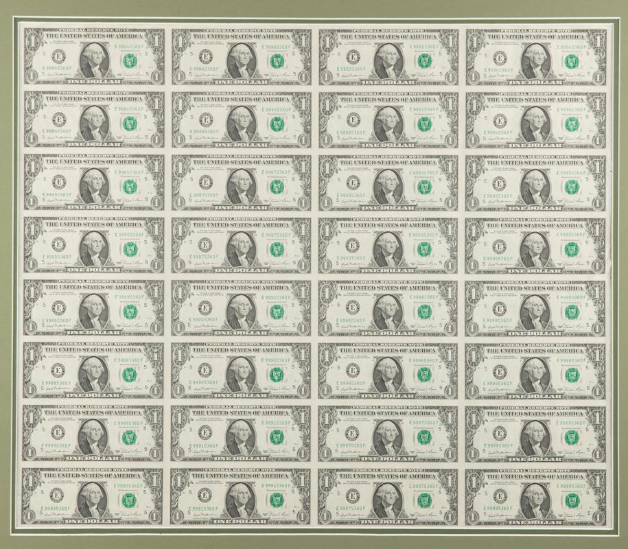 Framed and matted, uncut sheet Series 1981, One Dollar: Framed and matted, uncut sheet Series 1981, One Dollar Bills, frame measures 36 1/4" x 32 1/4".