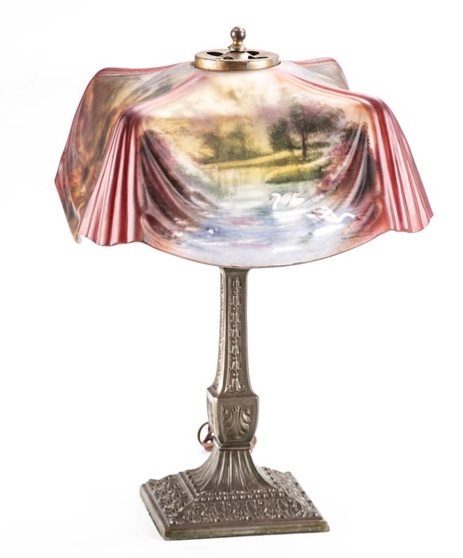 Antique, reverse painted Scenic Lamp, circa 1920s, has: Antique, reverse painted Scenic Lamp, circa 1920s, has a Pairpoint style but no markings, measures 19" tall, shade measures 13" square, original condition, one heat crack on one corner. Crack is not e