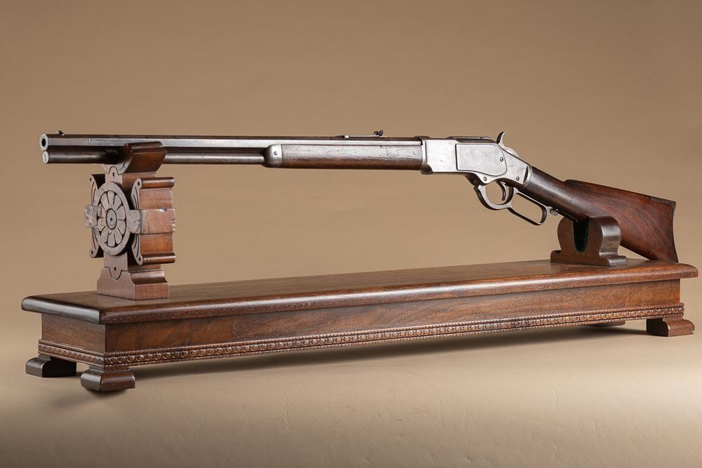 Custom made, solid walnut footed Rifle Stand, 40" long x 8" wide, designed to fit most all lever: Custom made, solid walnut footed Rifle Stand, 40" long x 8" wide, designed to fit most all lever action rifles and some other long guns. KING COLLECTION