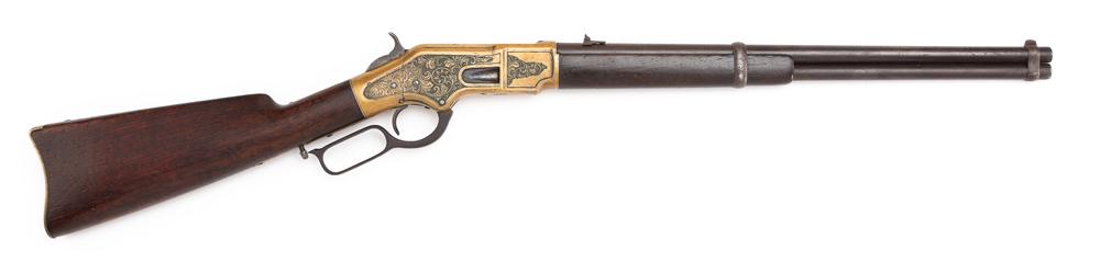 Beautiful Antique Factory Engraved Winchester, Model 1866, Saddle Ring Carbine, attributed to master: Beautiful Antique Factory Engraved Winchester, Model 1866, Saddle Ring Carbine, attributed to master engraver Ulrich, SN 132675, with letter. Thissaddle ring carbine is .44 RIMFIRE caliber, has a 20&r