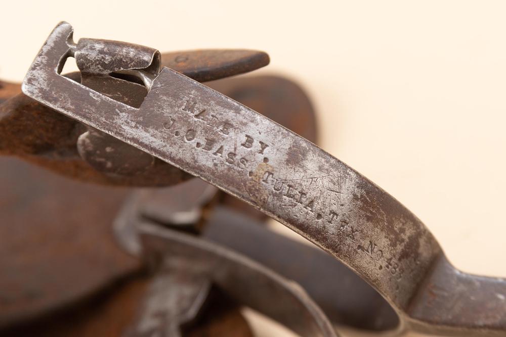 A rare and very desirable pair of single mounted Spurs by the late J.O. Bass. marked "Tulia. Tex.: A rare and very desirable pair of single mounted Spurs by the late J.O. Bass. marked "Tulia. Tex. No. 483." Spurs are mounted in the scarce card suit pattern. These spurs appear to be in good conditio