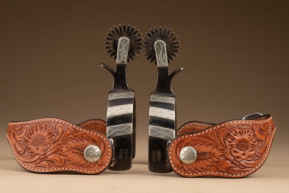 Outstanding pair of double mounted Spurs by noted Texas Bit and Spur Maker, the late Jerry Cates,: Outstanding pair of double mounted Spurs by noted Texas Bit and Spur Maker, the late Jerry Cates, (1938-2011), #2711. Spurs have stars and crescent on heel bands with engraved silver chevrons on oppos