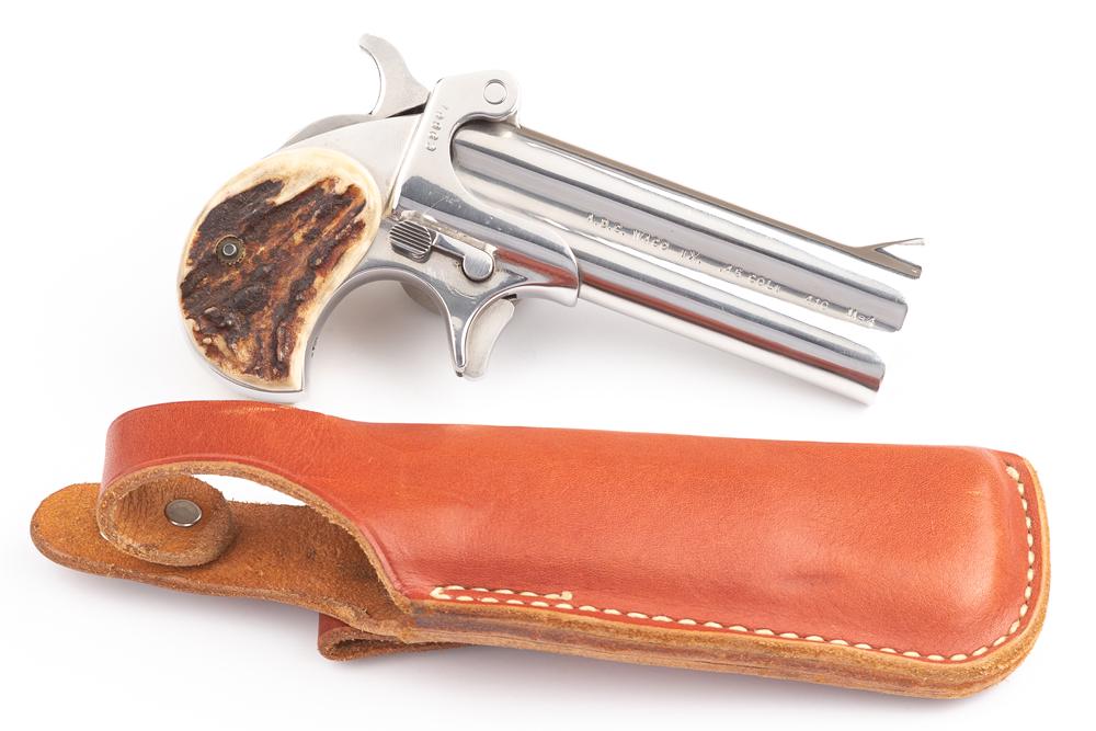 American Derringer Company, Model M4, Over and Under Derringer, .45 Colt/ 410 Ga, SN 48863, nickel: American Derringer Company, Model M4, Over and Under Derringer, .45 Colt/ 410 Ga, SN 48863, nickel finish, 4" barrel, polished stag grips, barrel is marked "Made in 150th Year of Texas Freedom." Excel