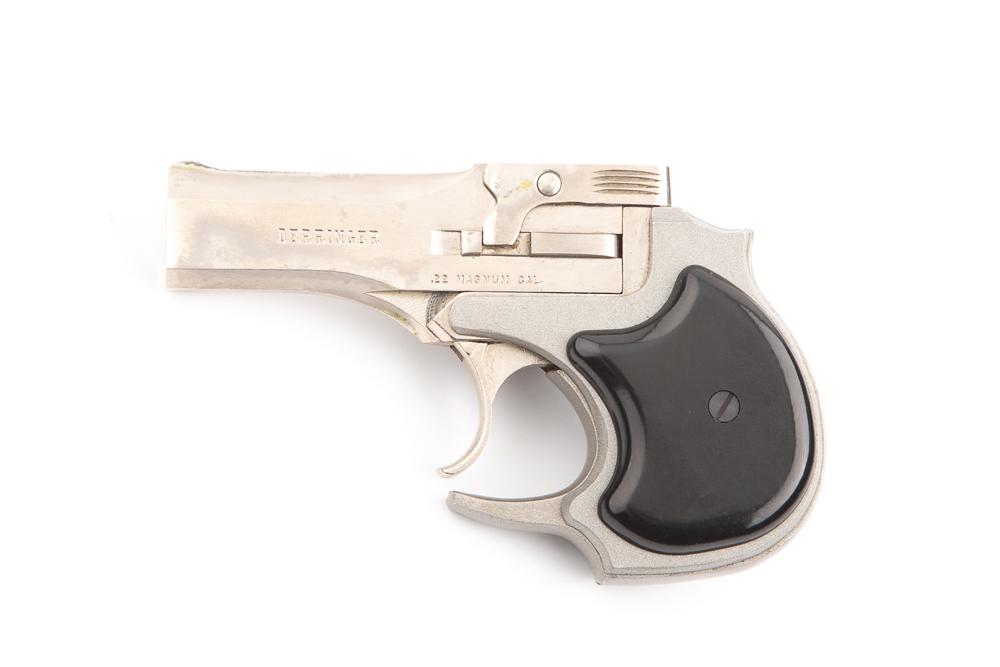 High Standard Derringer, Over and Under, .22 MAG caliber, SN D54091, 3 1/2" barrel, stainless: High Standard Derringer, Over and Under, .22 MAG caliber, SN D54091, 3 1/2" barrel, stainless finish. Good overall condition. (MODERN)