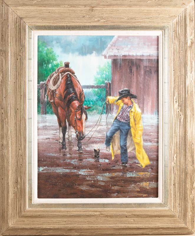 A gallery framed original Oil Painting by Texas Artist, Jack Sorenson (b. 1955), signed lower left,: A gallery framed original Oil Painting by Texas Artist, Jack Sorenson (b. 1955), signed lower left, titled "Loose Boots." Actual painting is 18" X 24", gallery frame measures 28 1/2" X 34 1/2". Sorens