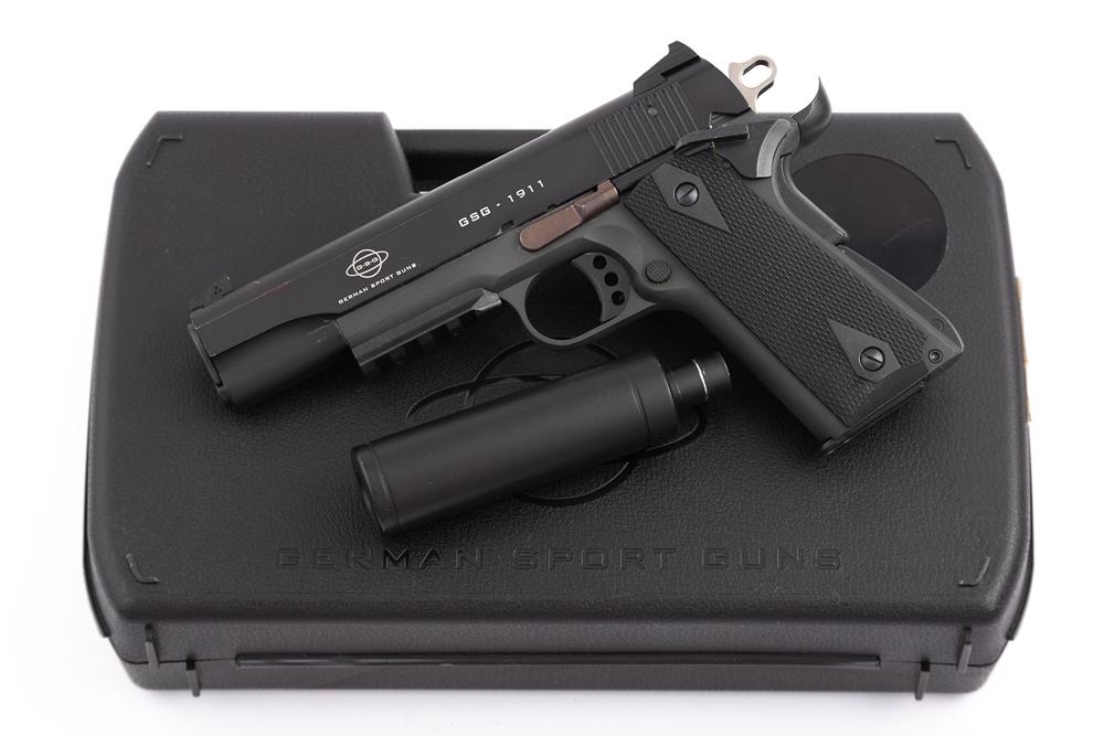 Boxed GSG, Model 1911, Semi-Automatic Pistol, .22 LR caliber, SN A4217659, 5" barrel, matte: Boxed GSG, Model 1911, Semi-Automatic Pistol, .22 LR caliber, SN A4217659, 5" barrel, matte finish, very good condition. Sold in original hard carry case with a replica suppressor. (MODERN)