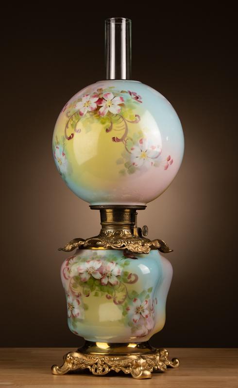 Incredible large hand painted "Gone With the Wind" Lamp. Lamp was made by Fostoria Lamp CO. with: Incredible large hand painted "Gone With the Wind" Lamp. Lamp was made by Fostoria Lamp CO. with patent date December 30, 1895. Lamp has a 9" ball shade with most unusual hand painted base, measures 2