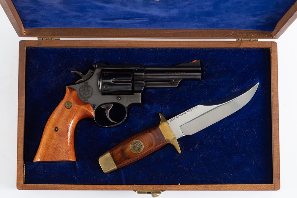 Cased set of S&W Texas Ranger Commemoratives with matching Revolver and Bowie Knife. Revolver is a: Cased set of S&W Texas Ranger Commemoratives with matching Revolver and Bowie Knife. Revolver is a Model 19-3, double action, K-Frame, 4" barrel, blue finish, 6-shot, chambered for a .357 MAG caliber,