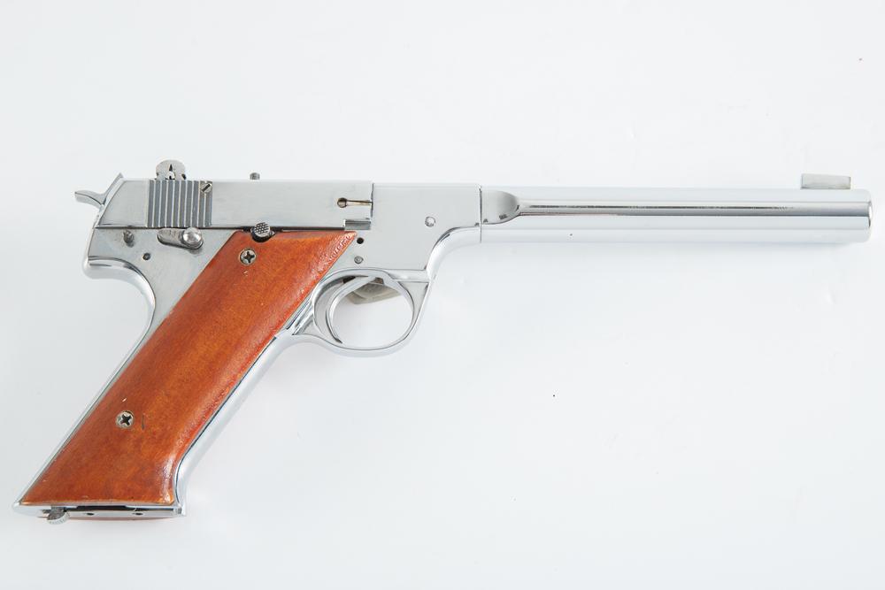 High Standard, Model H-D Military, Semi-Automatic Pistol, .22 LR caliber, SN 223516, 6 1/2" barrel,: High Standard, Model H-D Military, Semi-Automatic Pistol, .22 LR caliber, SN 223516, 6 1/2" barrel, renickeled finish, and wooden grips. Mechanically sound showing to have one time been buffed prior t