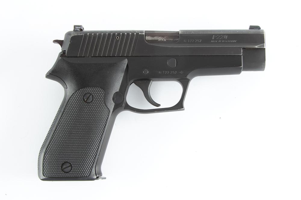 Cased Sig Sauer, Model P220, Semi-Automatic Pistol, .45 Auto caliber, SN G177257, 4 1/2" barrel,: Cased Sig Sauer, Model P220, Semi-Automatic Pistol, .45 Auto caliber, SN G177257, 4 1/2" barrel, matte finish, showing minor handling marks, with hard rubber grips. In original hard case with extra se