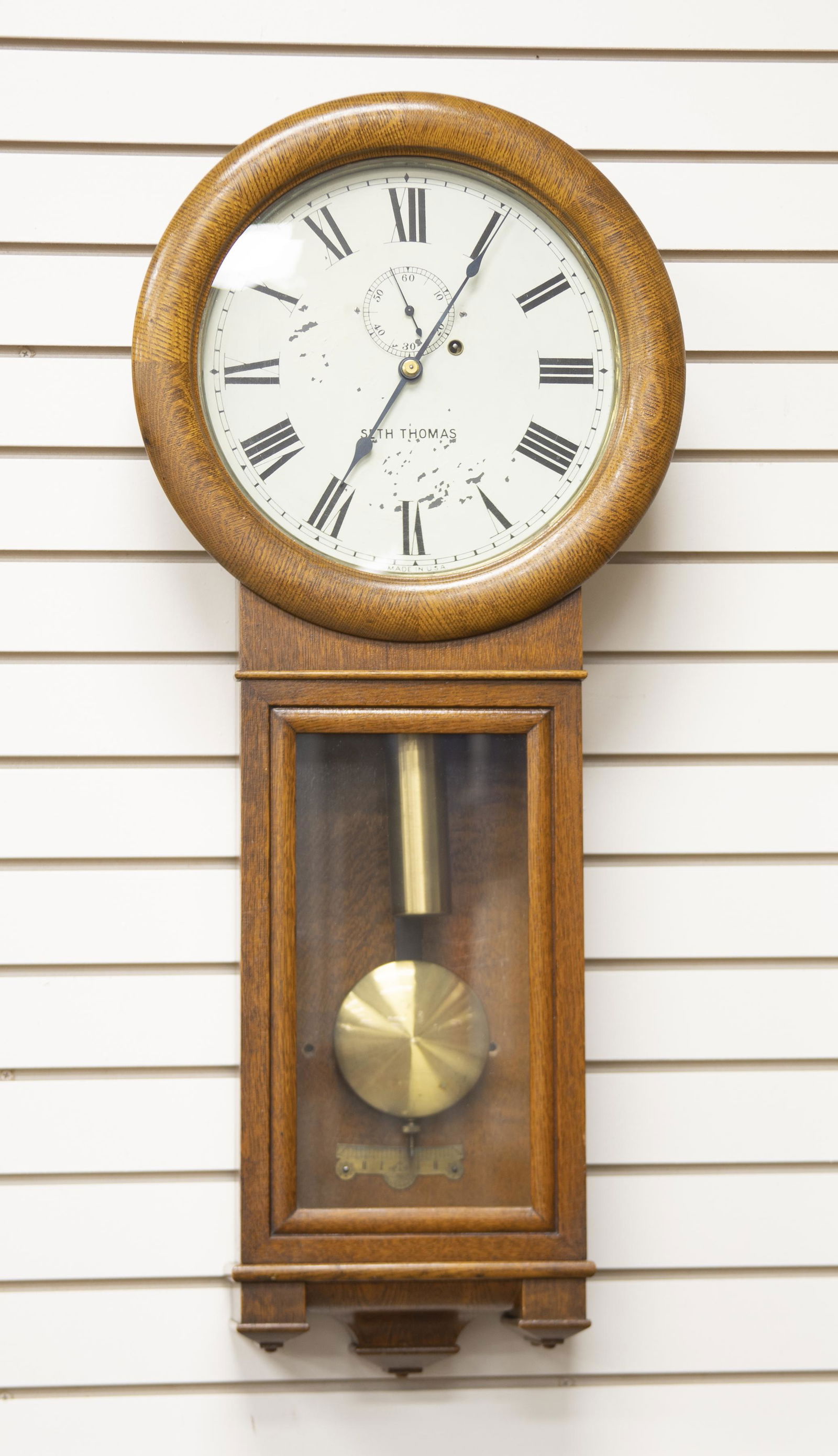 Antique quarter sawn oak, long drop, Seth Thomas Wall Regulator Clock, with sweep second hand, circa: Antique quarter sawn oak, long drop, Seth Thomas Wall Regulator Clock, with sweep second hand, circa 1890-1900, excellent finish and condition, measures 36" long x 15 1/2" across the dial. Original Se