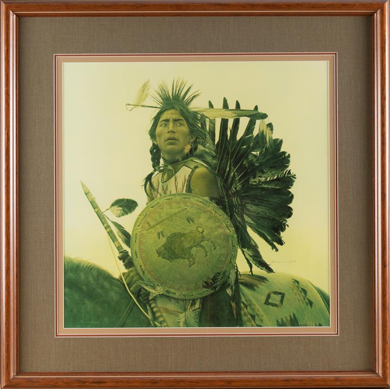 Gallery framed Lithograph by noted Wyoming Artist James Bama (b. 1926-) known for western subject: Gallery framed Lithograph by noted Wyoming Artist James Bama (b. 1926-) known for western subject painting and illustrations. Lithograph is a young Plains Indian with a Buffalo War Shield. Lithograph 