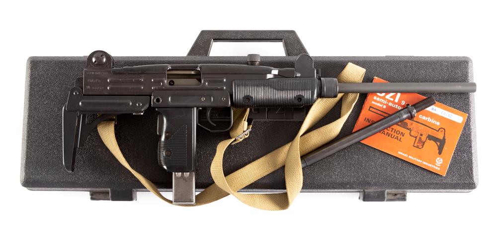 UZI, Model B, Semi-Automatic Carbine, 9 mm caliber, SN 64742, matte finish, 16" barrel, with folding: UZI, Model B, Semi-Automatic Carbine, 9 mm caliber, SN 64742, matte finish, 16" barrel, with folding stock, canvas carry strap, good condition, in original hard plastic carry box with extra barrel and