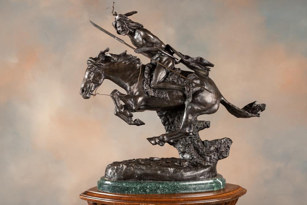 Bronze Sculpture marked "Copyright Frederic Remington", titled "Cheyenne", measures 19" tall x 15": Bronze Sculpture marked "Copyright Frederic Remington", titled "Cheyenne", measures 19" tall x 15" wide, mounted on granite base. Great action bronze, attributed to the Henry Bernard Foundry. KING COL