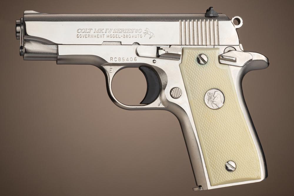 Colt Government .380 Semi-Automatic Pistol, SN RC85406, in .380 ACP caliber, 3 1/4 barrel,: Colt Government .380 Semi-Automatic Pistol, SN RC85406, in .380 ACP caliber, 3 1/4 barrel, rare bright nickel finish, faux Ivory checkered grips, Colt manufactured in 1987. Comes with 7 round magazine
