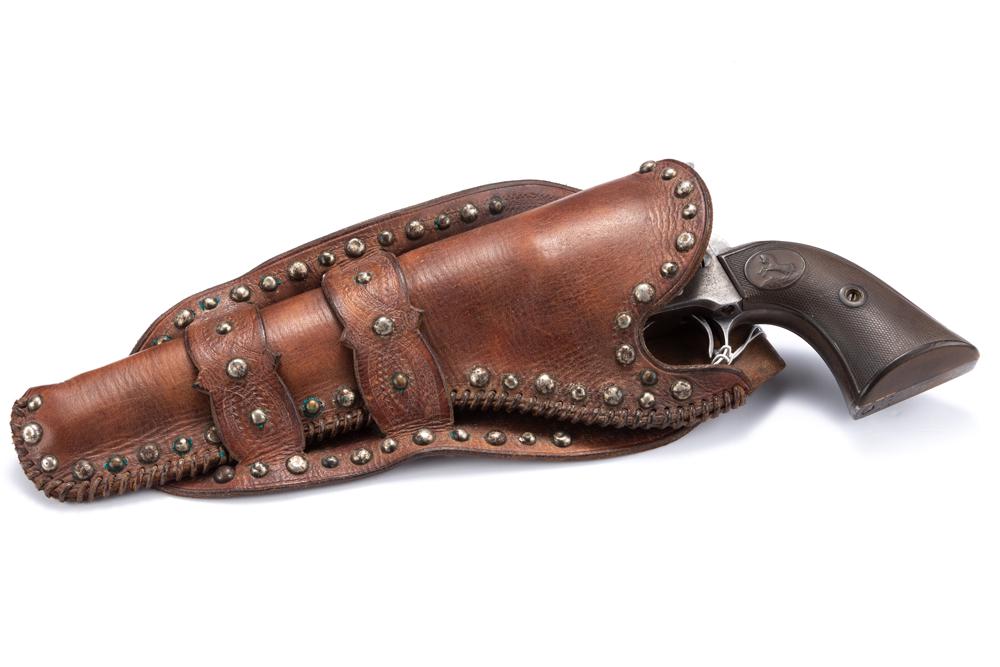 Vintage double loop spotted Holster for 7 1/2" Colt Revolver marked inside "Original Wild Bill: Vintage double loop spotted Holster for 7 1/2" Colt Revolver marked inside "Original Wild Bill #105", very good overall condition, leather is supple. HOLSTER ONLY. KING COLLECTION