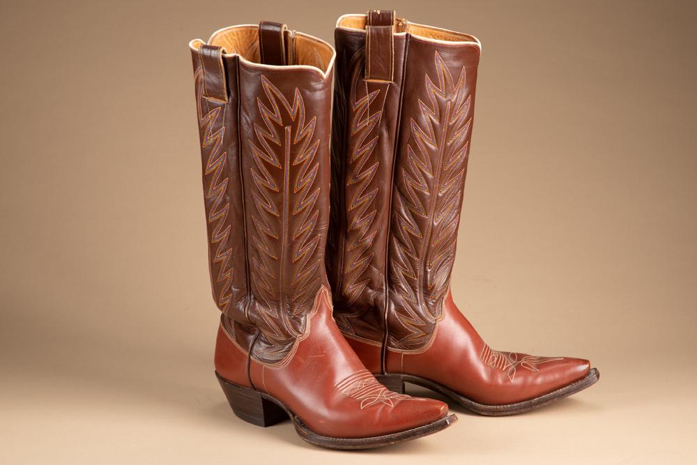 Nice pair of "Leddy, Ft Worth Texas", vintage leather Boots, 13" tops with multi-color, 5 line: Nice pair of "Leddy, Ft Worth Texas", vintage leather Boots, 13" tops with multi-color, 5 line stitching. These boots have an underslung walking heel, approximately size 9 -9 1/2. KING COLLECTION